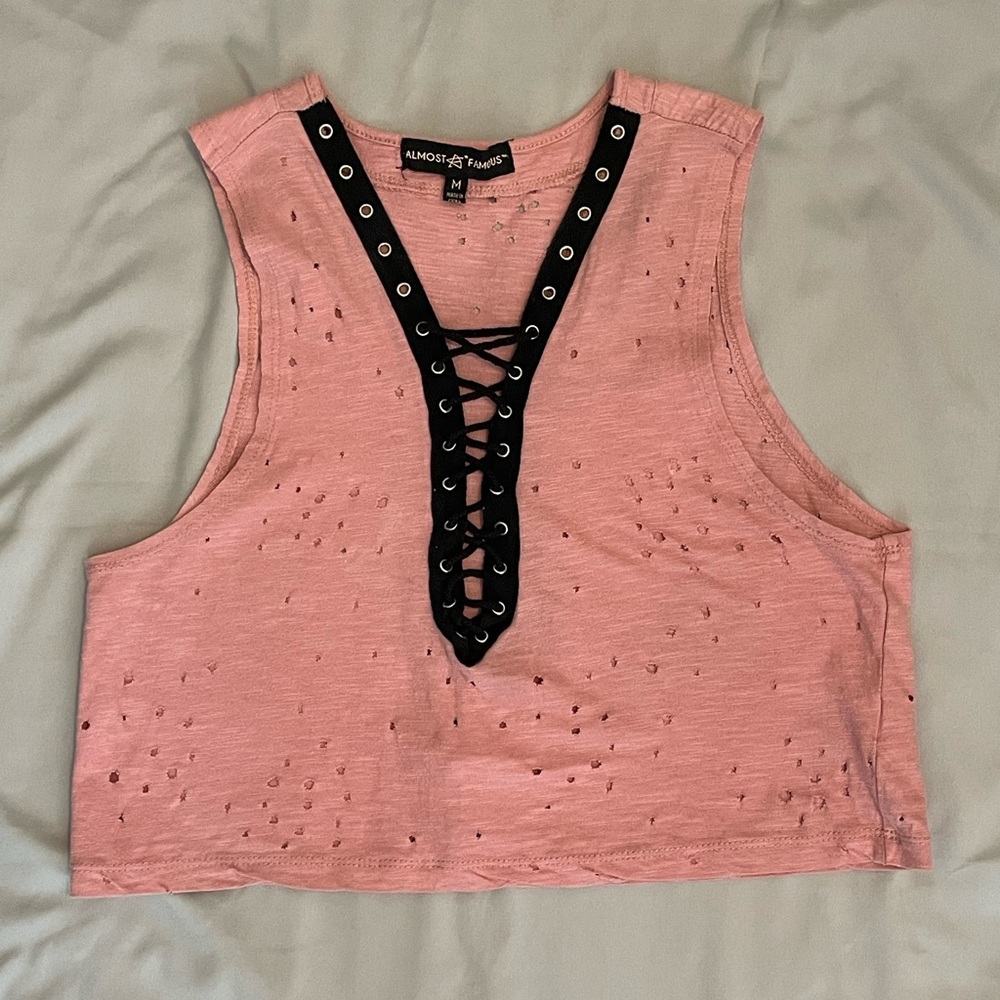 Almost Famous Pink Distressed Burnout Black Lace-Up Tank Crop Top Size Medium